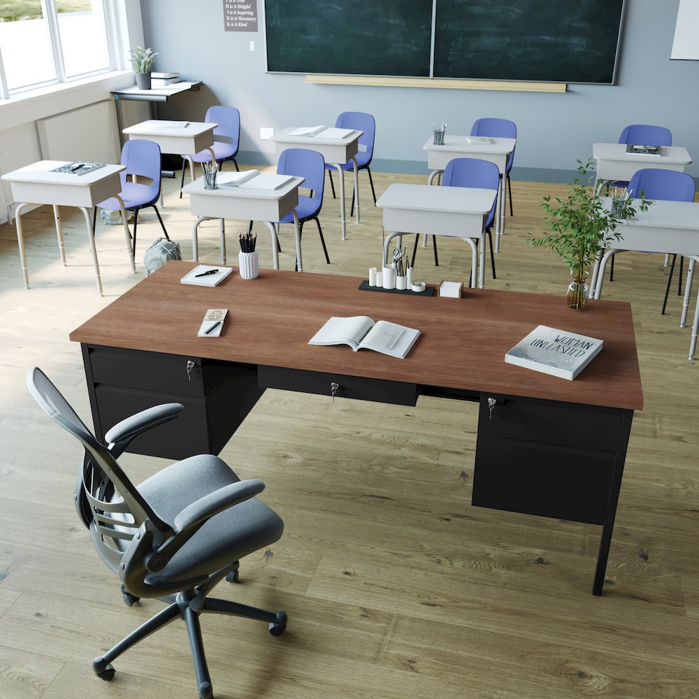 30x70 Double Pedestal Desk with 5 Locking Drawers, Walnut Top and Black Frame. Picture 7