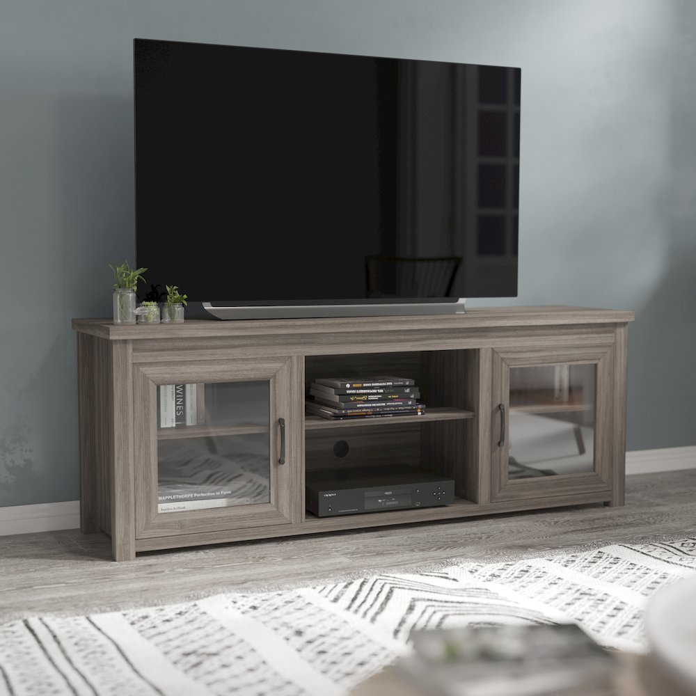 Classic TV Stand up to 80" TVs - Gray Wash Oak Finish with Full Glass Doors. Picture 6