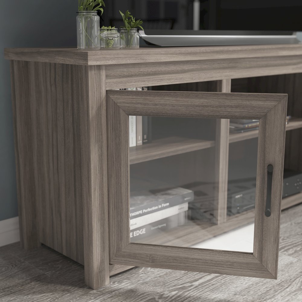 Classic TV Stand up to 80" TVs - Gray Wash Oak Finish with Full Glass Doors. Picture 7
