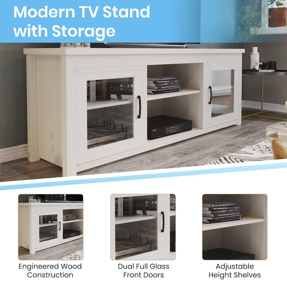 Classic TV Stand up to 80" TVs - White Wash Finish with Full Glass Doors. Picture 4