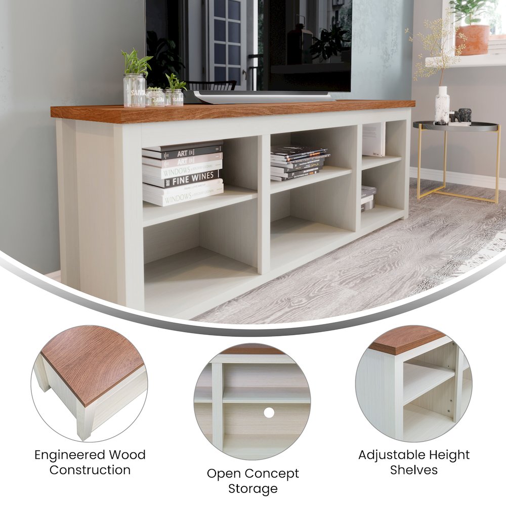 65" Open Media Console Cabinet for up to 80" TV's, Walnut Top/White Frame. Picture 4