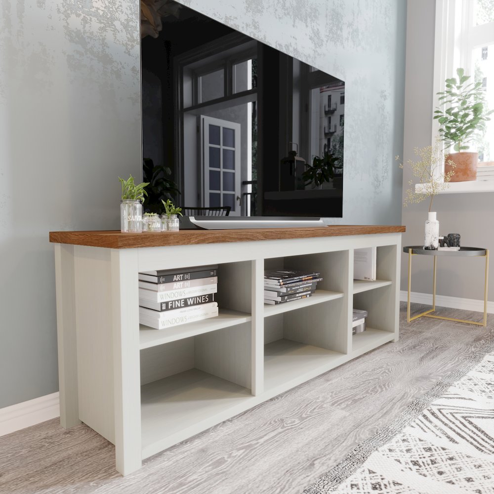65" Open Media Console Cabinet for up to 80" TV's, Walnut Top/White Frame. Picture 3