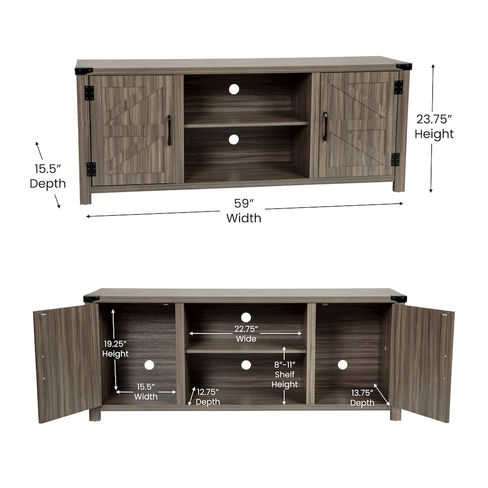 Farmhouse Barn Door TV Stand-Gray Wash Oak for TV's up to 65 ines-59". Picture 5