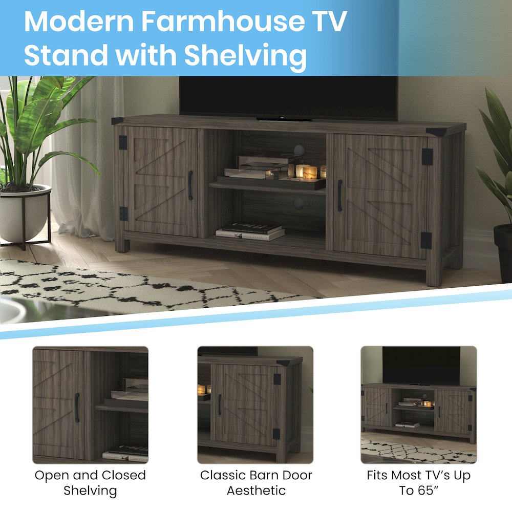 Farmhouse Barn Door TV Stand-Gray Wash Oak for TV's up to 65 ines-59". Picture 4