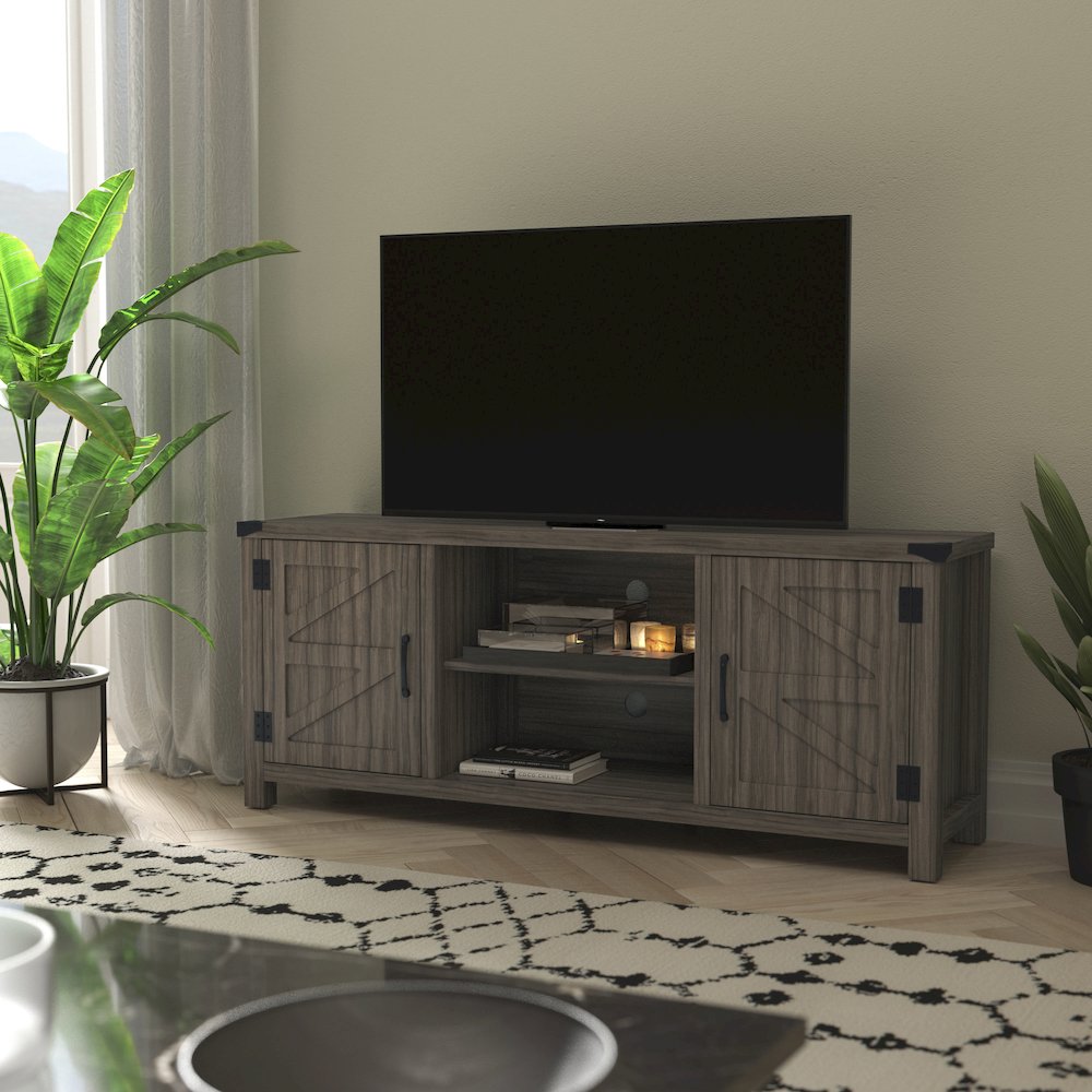 Farmhouse Barn Door TV Stand-Gray Wash Oak for TV's up to 65 ines-59". Picture 2