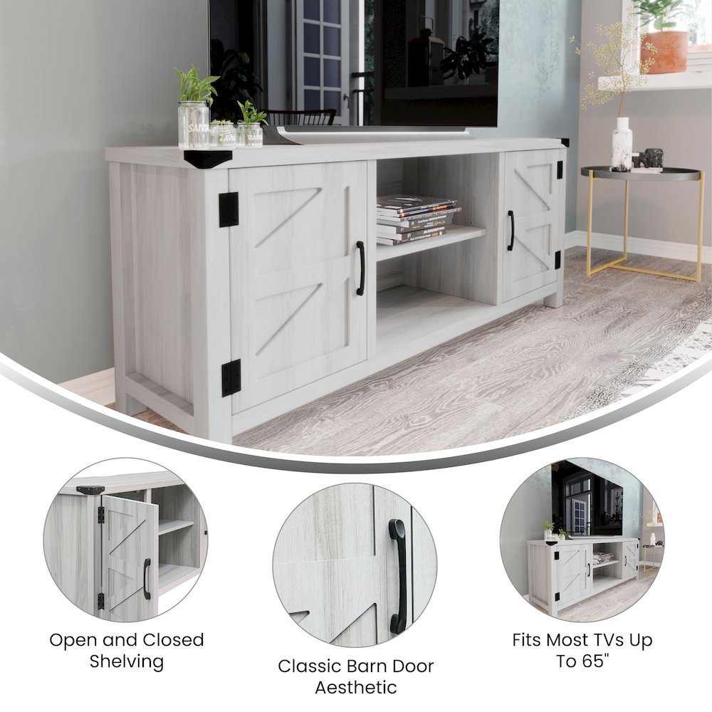 58" Barn Door Style TV Stand with Storage for up to 65" TV's, Light Gray. Picture 4