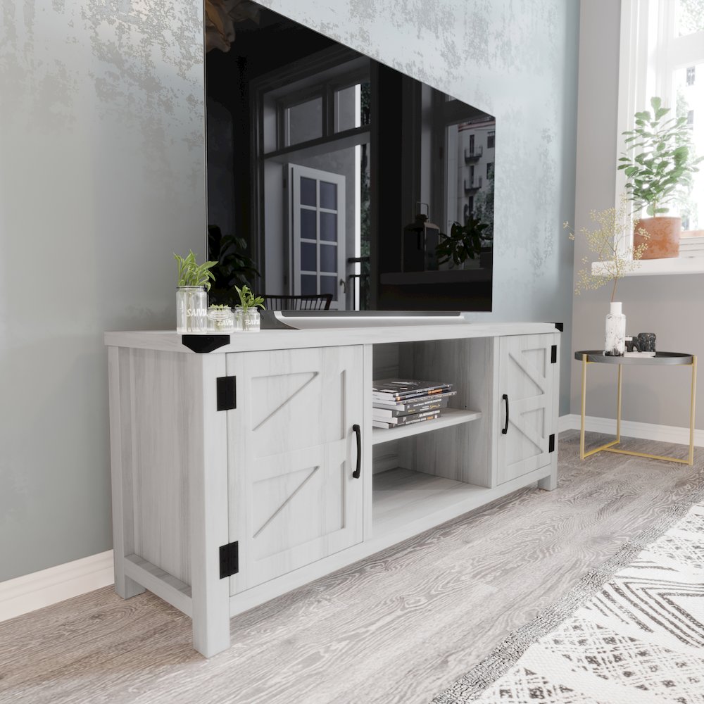 58" Barn Door Style TV Stand with Storage for up to 65" TV's, Light Gray. Picture 3