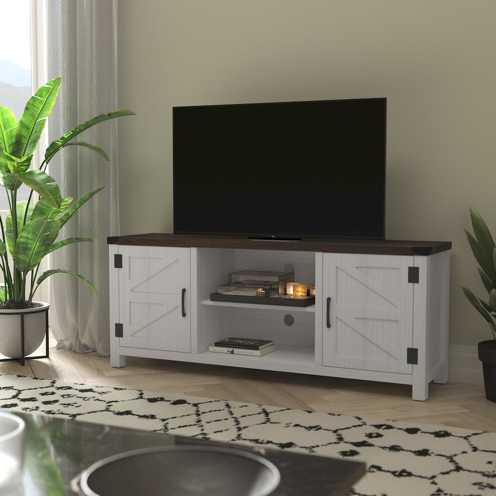 Farmhouse Barn Door TV Stand in White for TV's up to 65 ines - 59. Picture 2