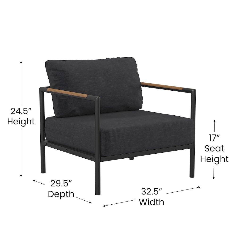 Patio Chair with Cushions - Aluminum Framed Chair, Black with Charcoal Cushions. Picture 5