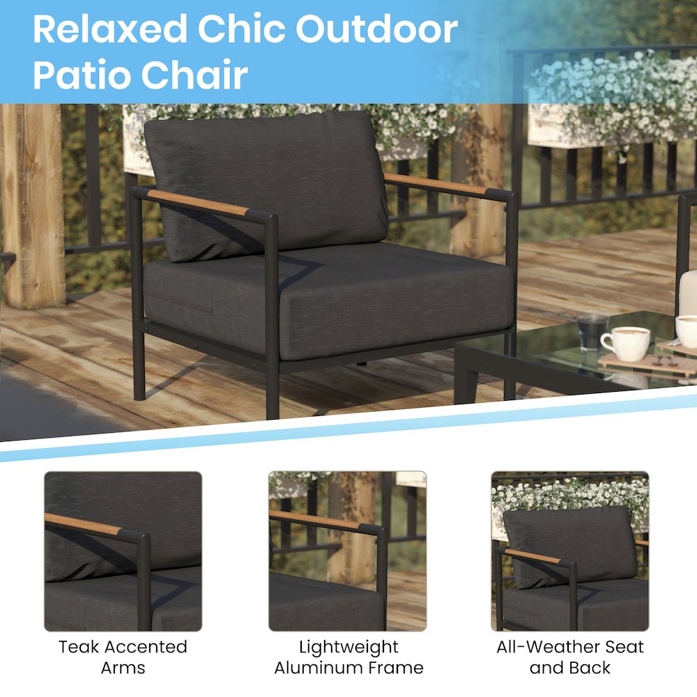 Patio Chair with Cushions - Aluminum Framed Chair, Black with Charcoal Cushions. Picture 4