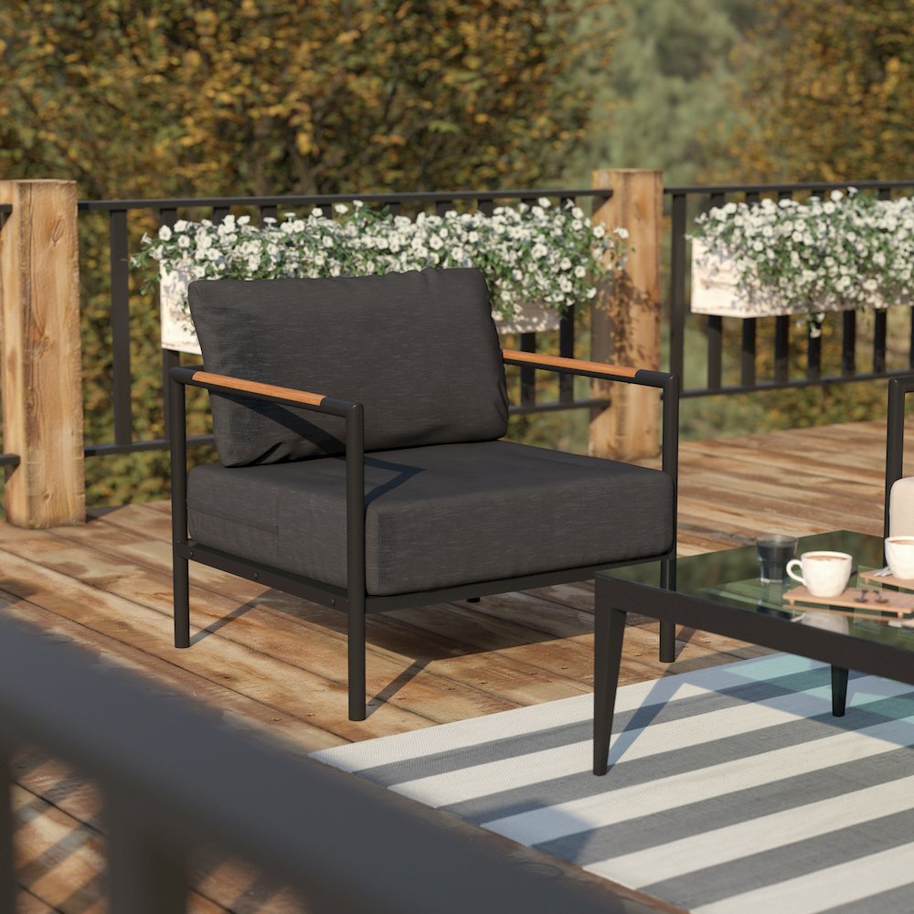 Patio Chair with Cushions - Aluminum Framed Chair, Black with Charcoal Cushions. Picture 2