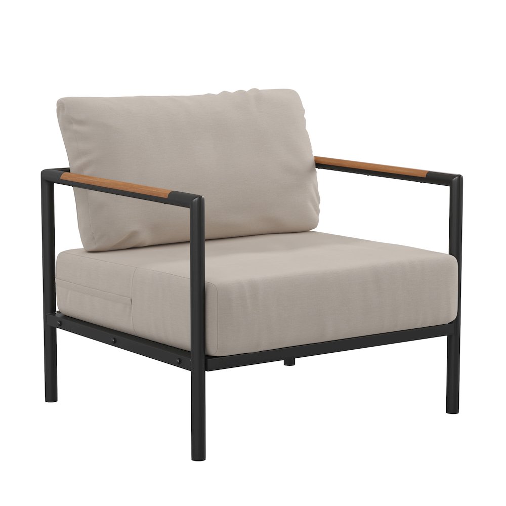 Patio Chair with Cushions - Aluminum Framed Chair, Black with Beige Cushions. Picture 1