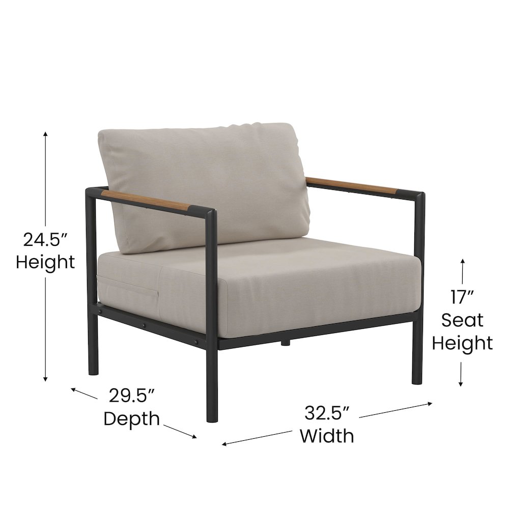 Patio Chair with Cushions - Aluminum Framed Chair, Black with Beige Cushions. Picture 5