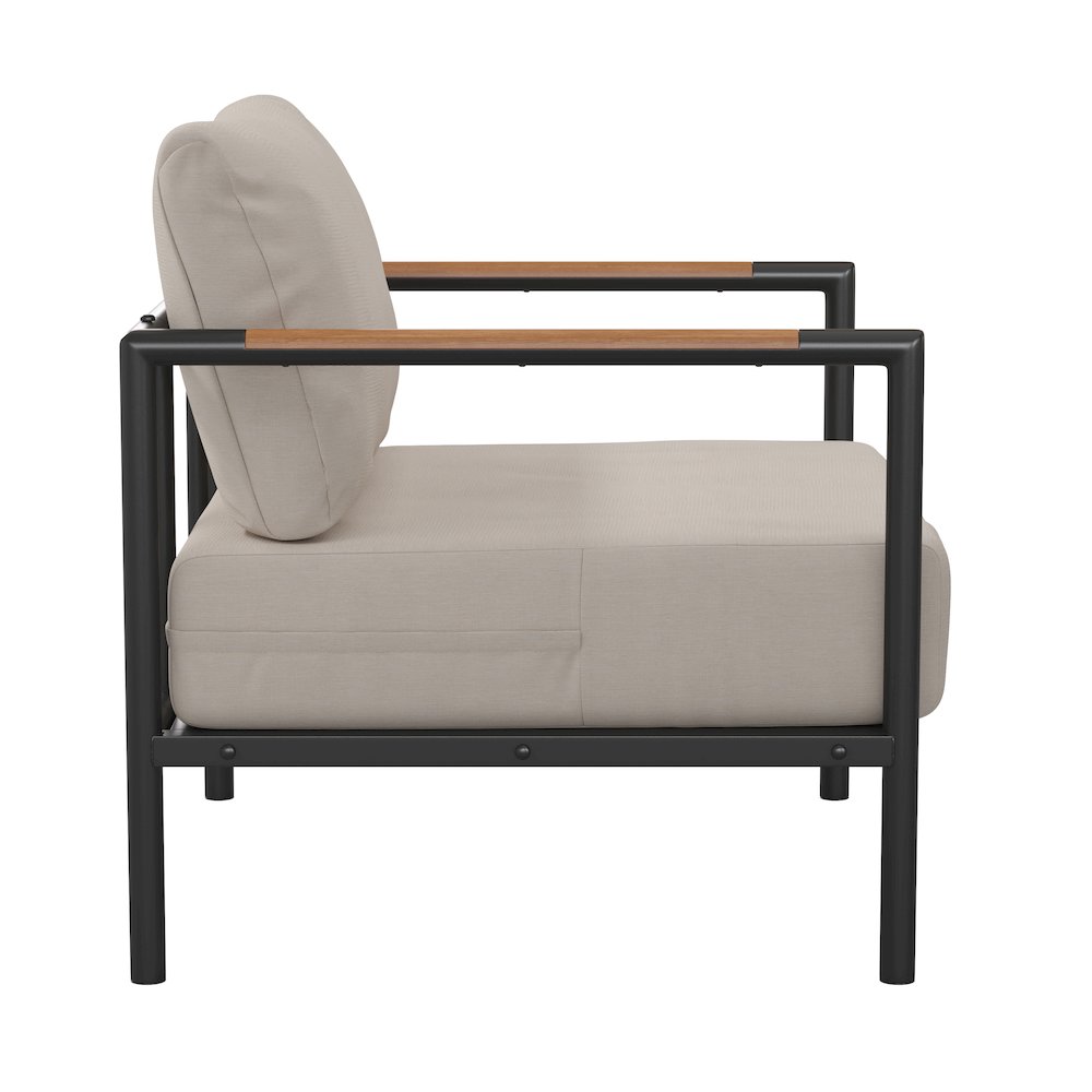 Patio Chair with Cushions - Aluminum Framed Chair, Black with Beige Cushions. Picture 8
