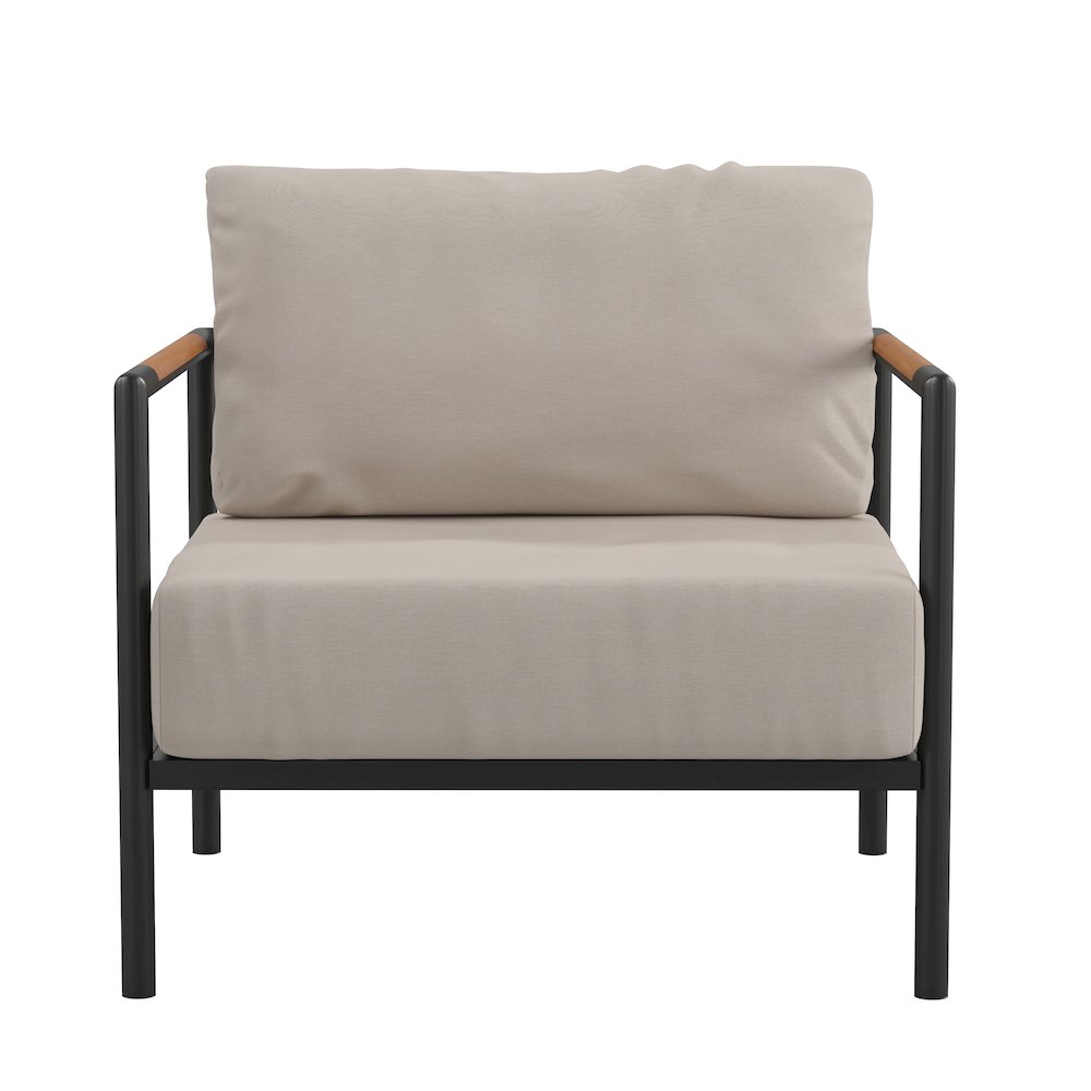 Patio Chair with Cushions - Aluminum Framed Chair, Black with Beige Cushions. Picture 9