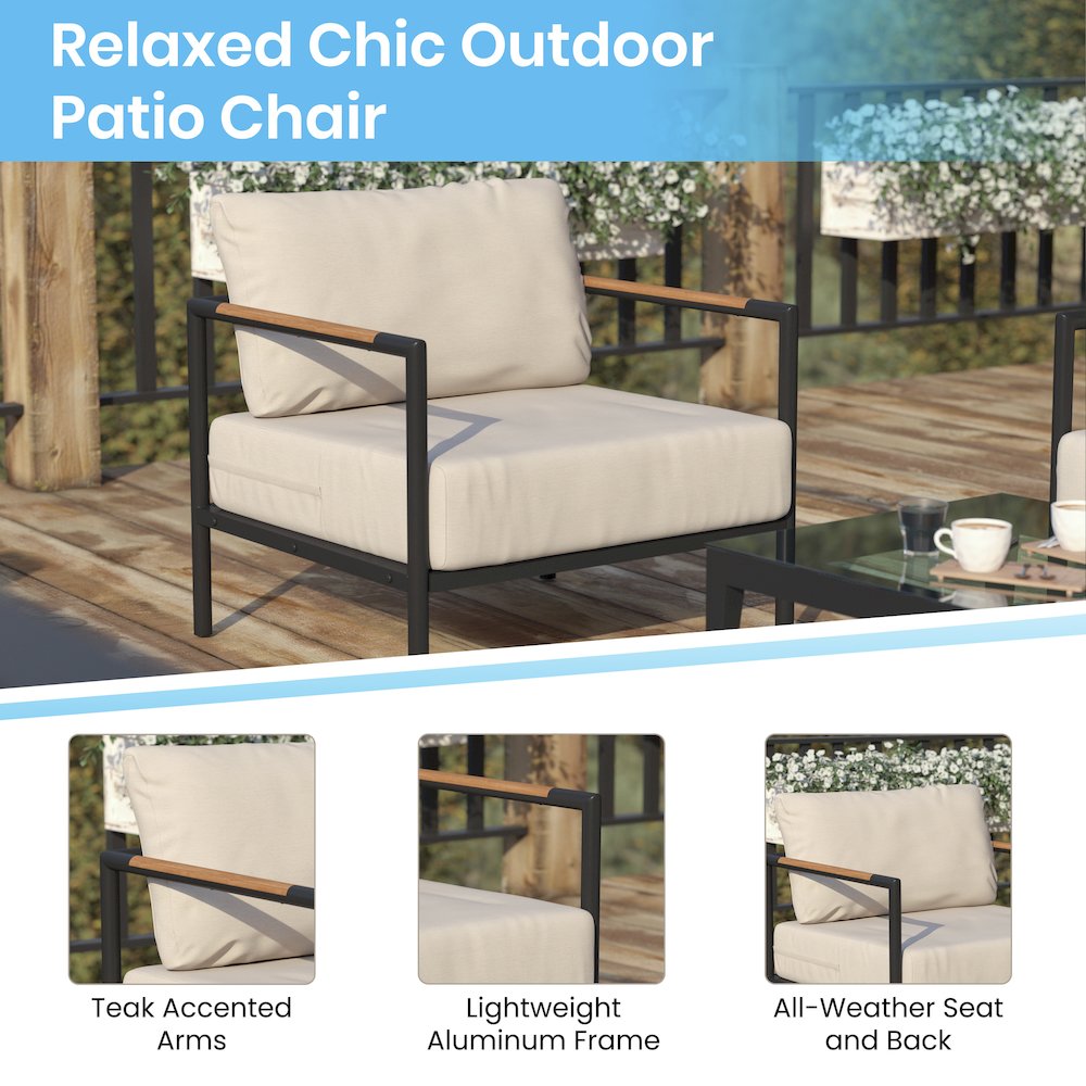 Patio Chair with Cushions - Aluminum Framed Chair, Black with Beige Cushions. Picture 4