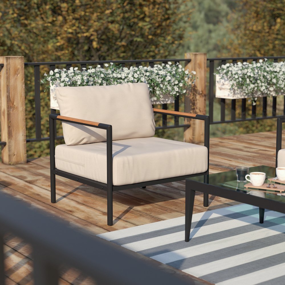 Patio Chair with Cushions - Aluminum Framed Chair, Black with Beige Cushions. Picture 2