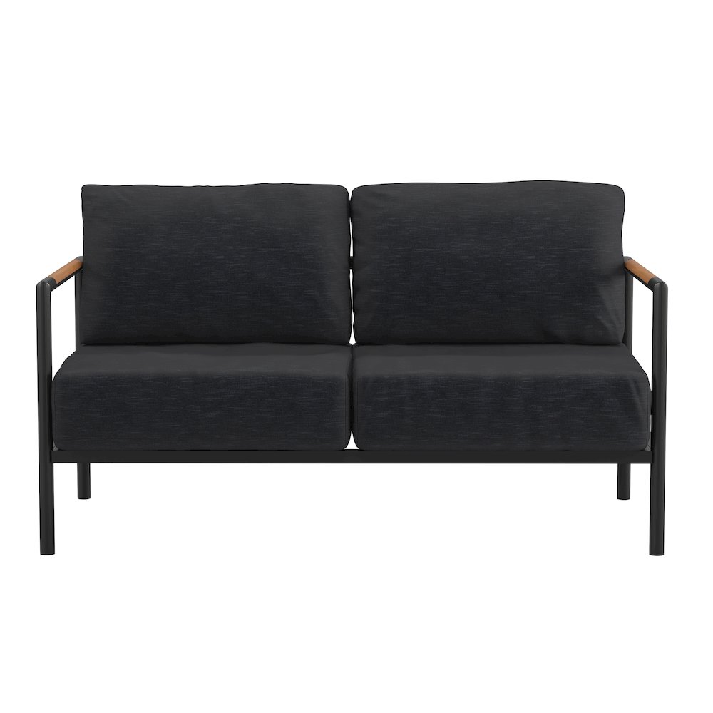 Patio Loveseat with Cushions  with Teak Accent Arms, Black-Charcoal Cushions. Picture 9