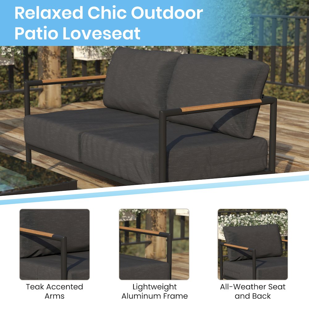 Patio Loveseat with Cushions  with Teak Accent Arms, Black-Charcoal Cushions. Picture 4