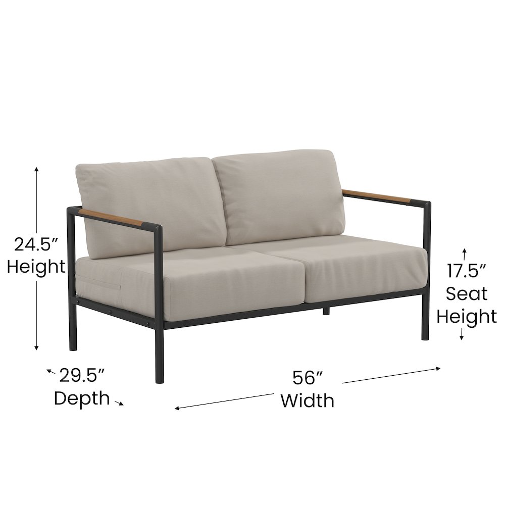 Patio Loveseat with Cushions with Teak Accent Arms, Black with Beige Cushions. Picture 5