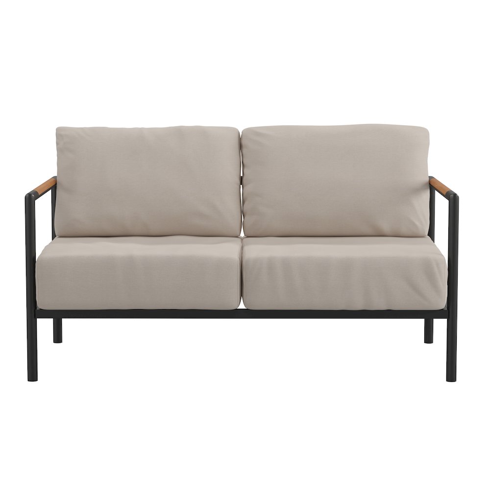 Patio Loveseat with Cushions with Teak Accent Arms, Black with Beige Cushions. Picture 9