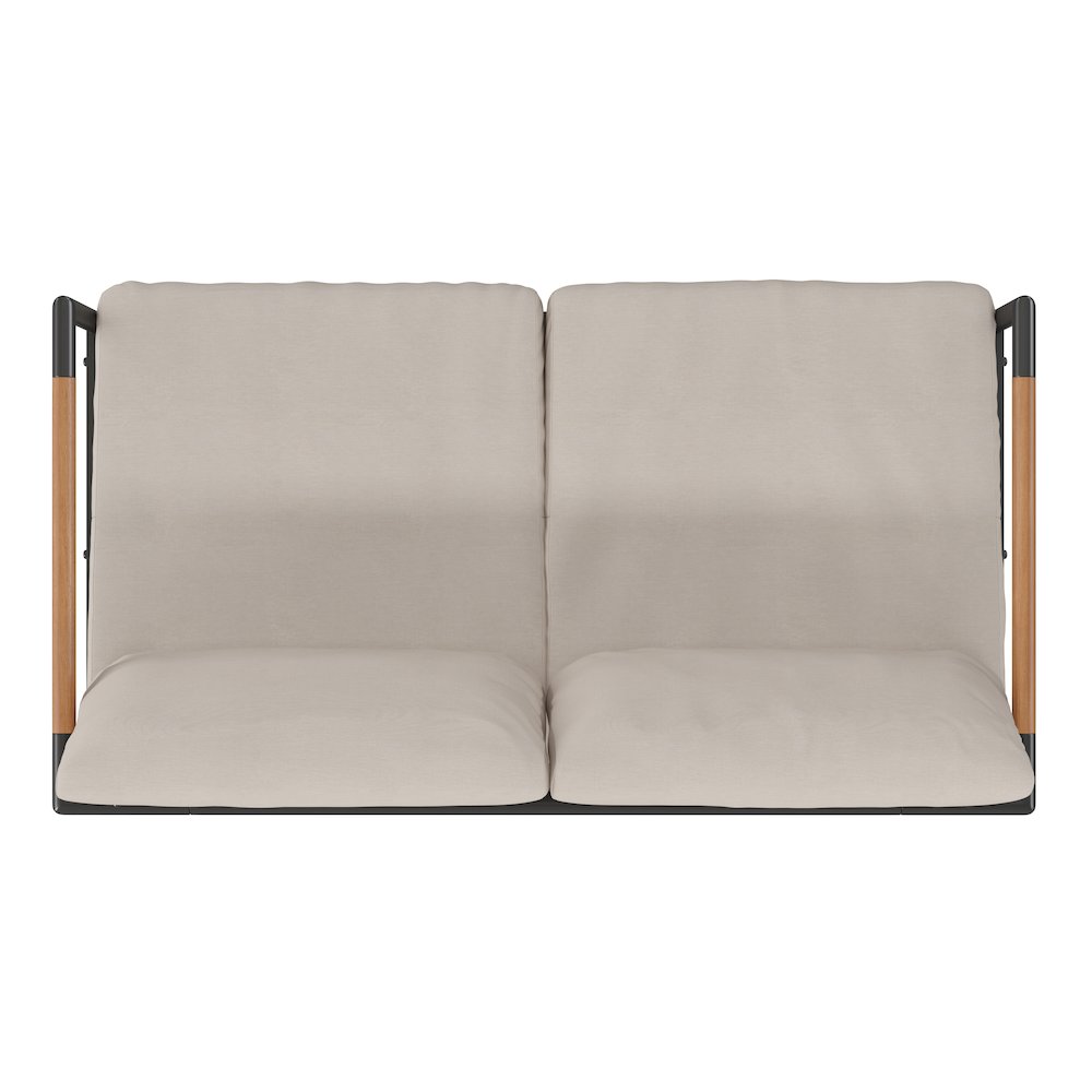 Patio Loveseat with Cushions with Teak Accent Arms, Black with Beige Cushions. Picture 10