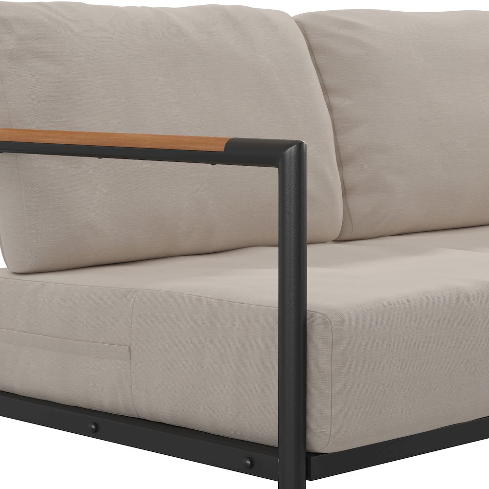 Patio Loveseat with Cushions with Teak Accent Arms, Black with Beige Cushions. Picture 7