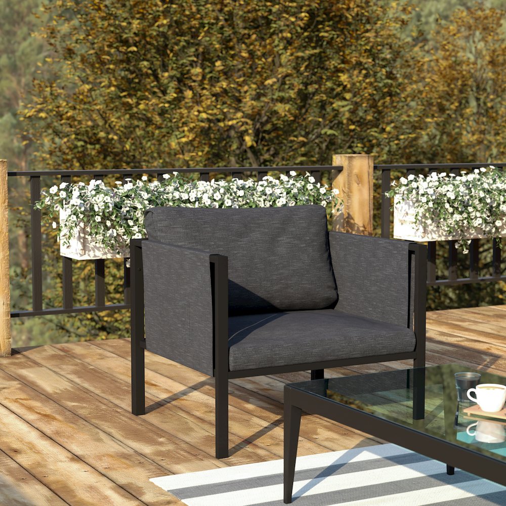 Patio Chair with Cushions, Black with Charcoal Cushions. Picture 2