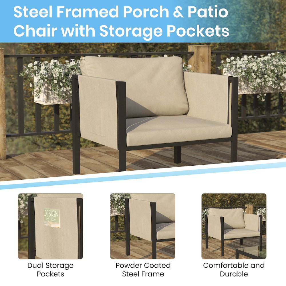 Patio Chair with Cushions, Black with Beige Cushions. Picture 4