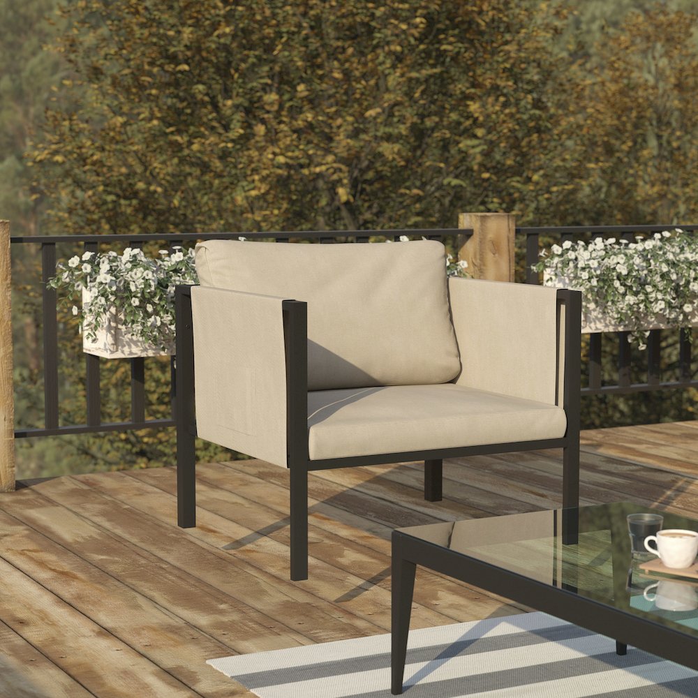 Patio Chair with Cushions, Black with Beige Cushions. Picture 2