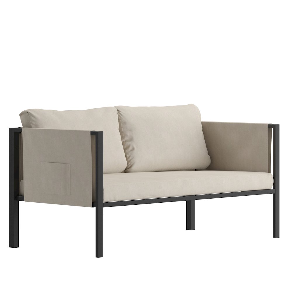 Loveseat with Cushions, Black with Beige Cushions. Picture 1