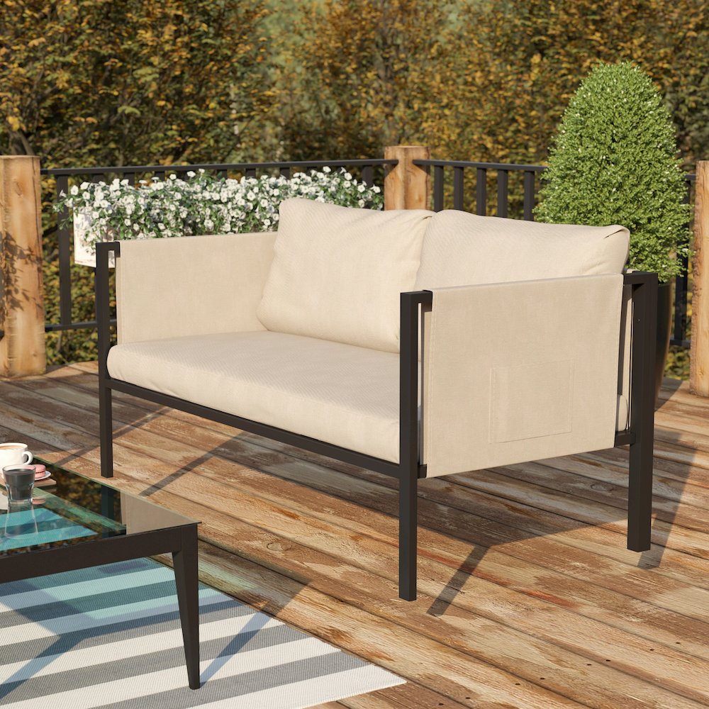 Loveseat with Cushions, Black with Beige Cushions. Picture 2