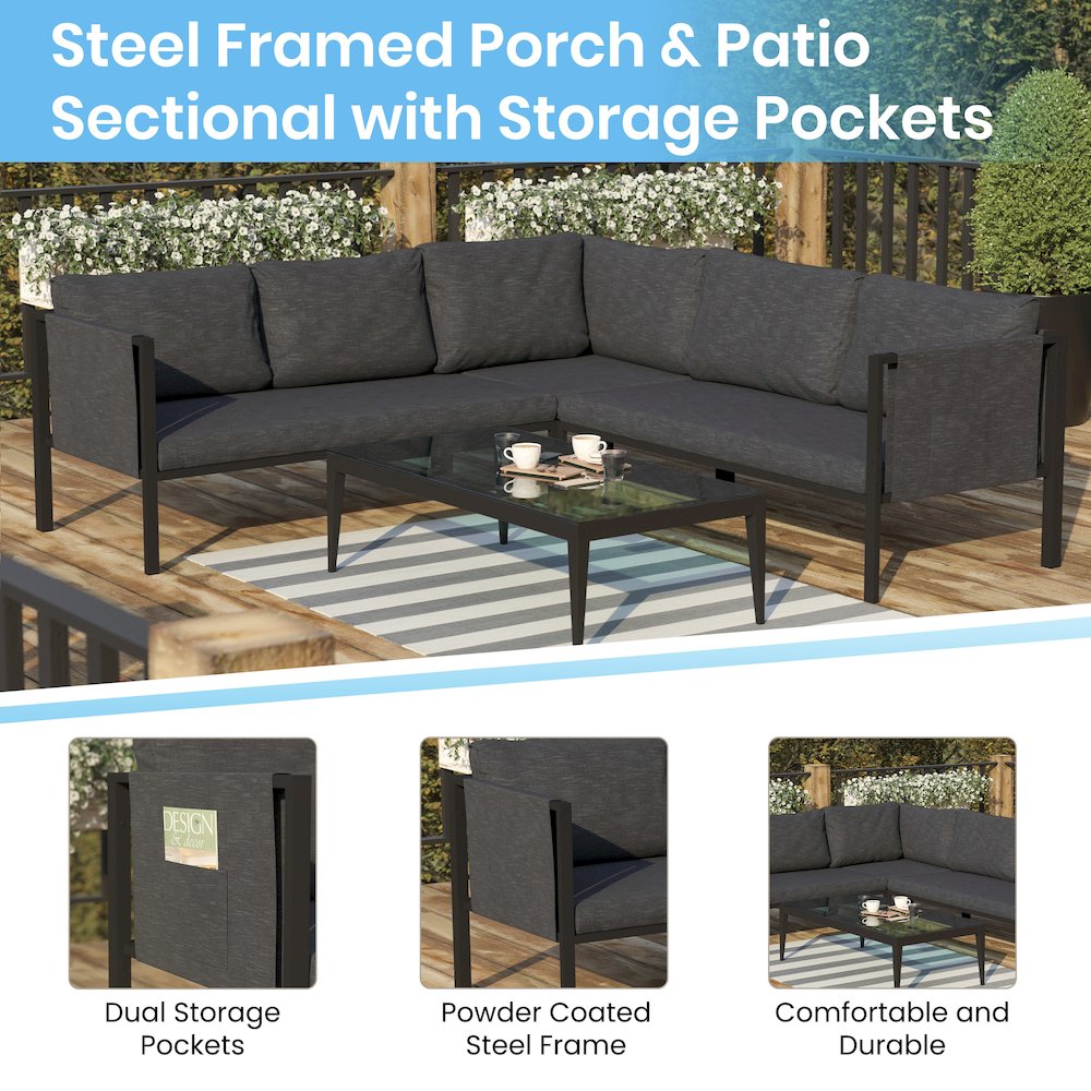 Sectional with Cushions, Black with Charcoal Cushions. Picture 4