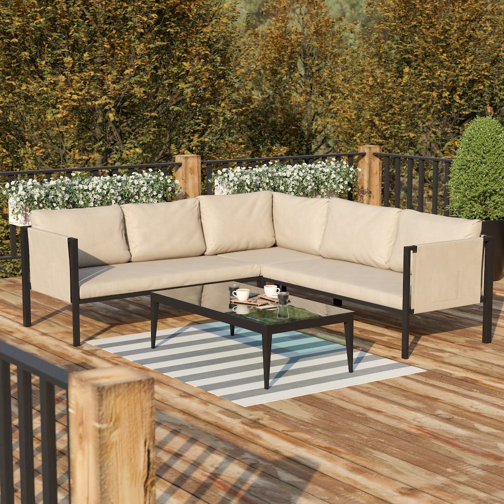 Sectional with Cushions, Black with Beige Cushions. Picture 2