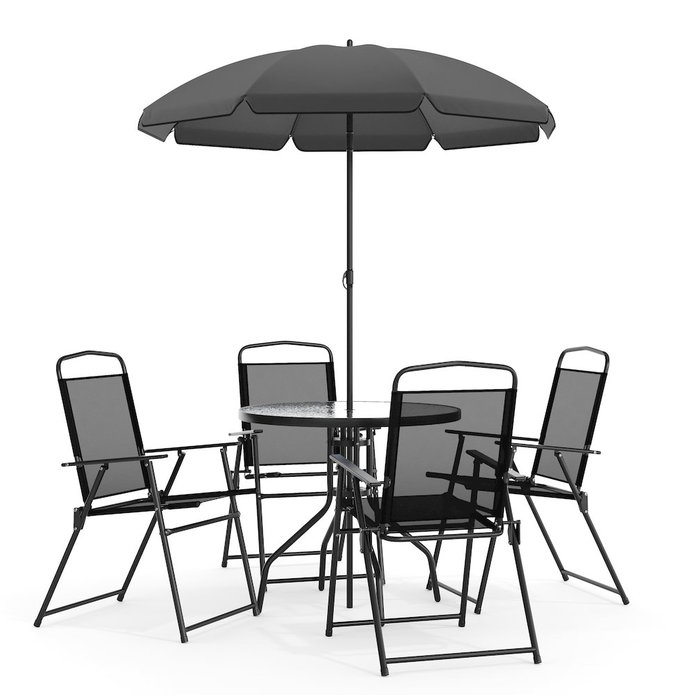 6 Piece Black Patio Garden Set with Umbrella Table and Set of 4 Folding Chairs. Picture 1