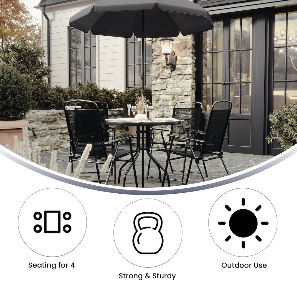 6 Piece Black Patio Garden Set with Umbrella Table and Set of 4 Folding Chairs. Picture 5