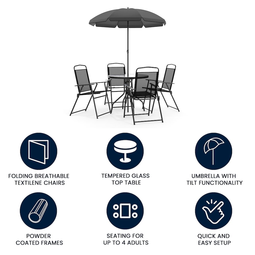 6 Piece Black Patio Garden Set with Umbrella Table and Set of 4 Folding Chairs. Picture 4