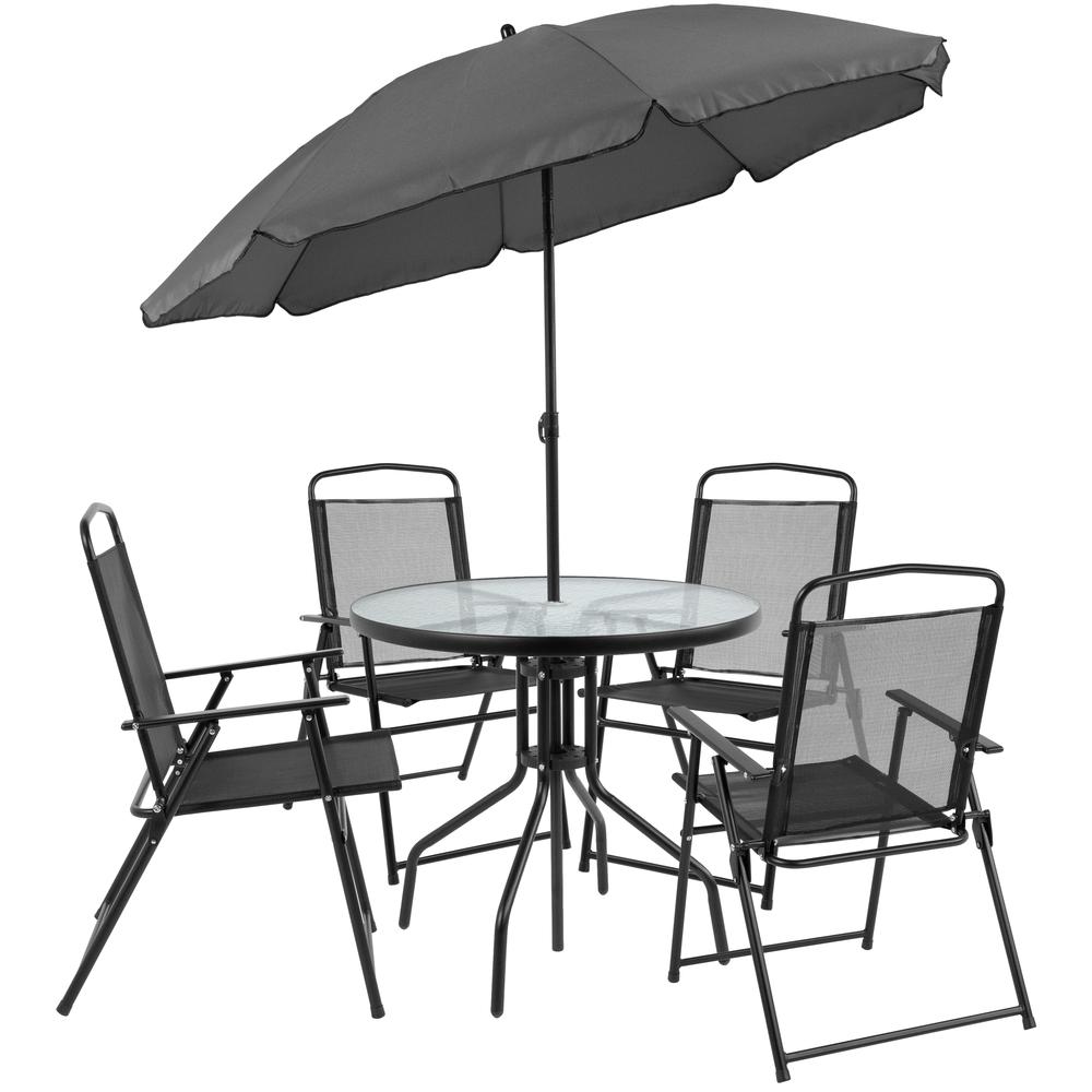 6 Piece Black Patio Garden Set with Umbrella Table and Set of 4 Folding Chairs. Picture 3