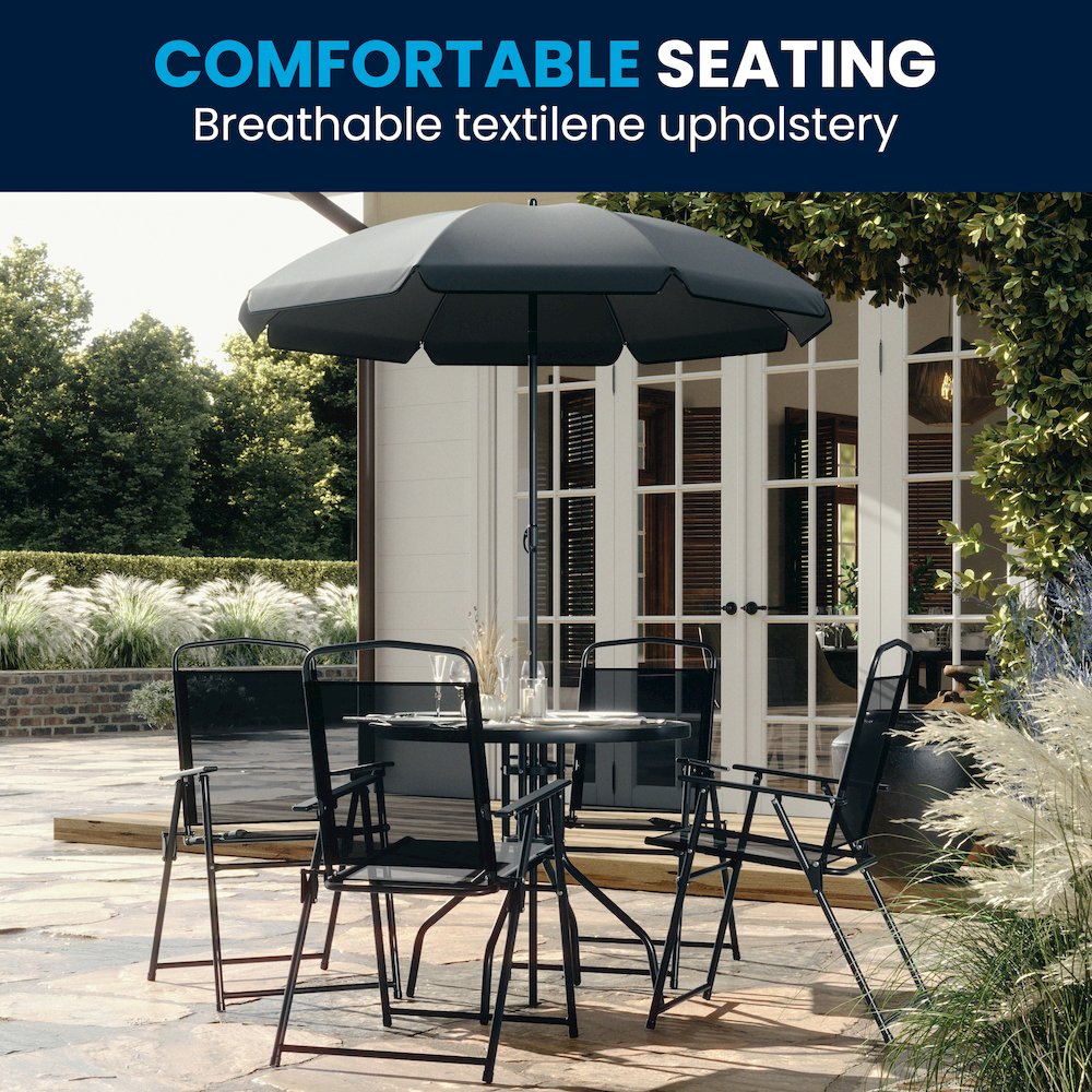 6 Piece Black Patio Garden Set with Umbrella Table and Set of 4 Folding Chairs. Picture 2