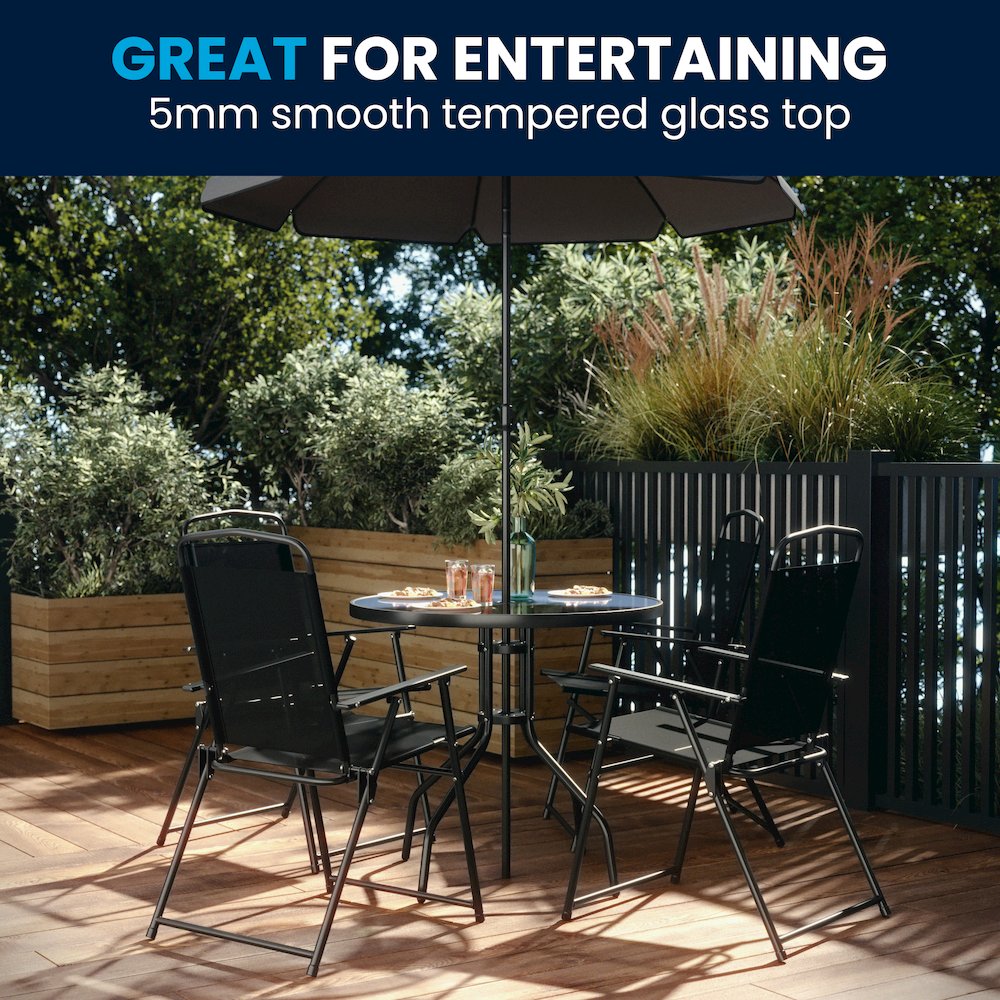 6 Piece Black Patio Garden Set with Umbrella Table and Set of 4 Folding Chairs. Picture 10