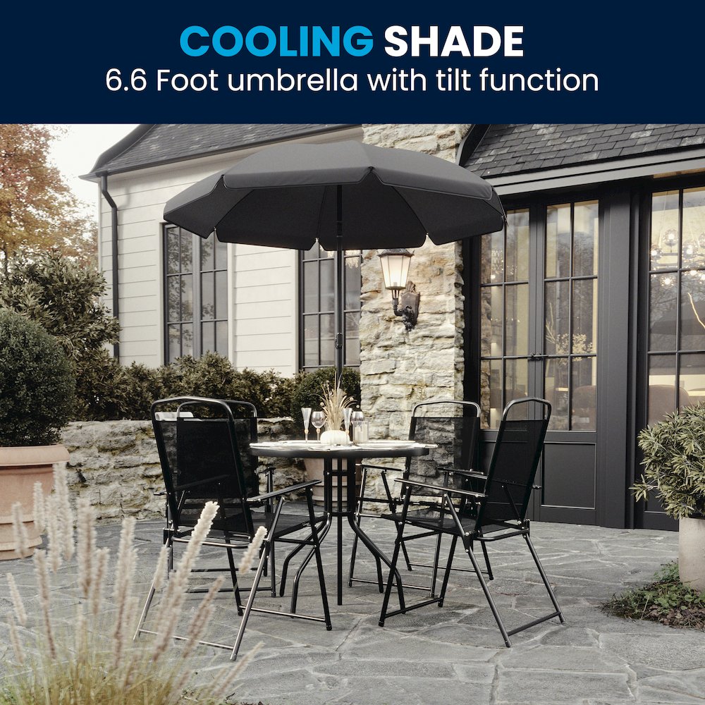 6 Piece Black Patio Garden Set with Umbrella Table and Set of 4 Folding Chairs. Picture 11