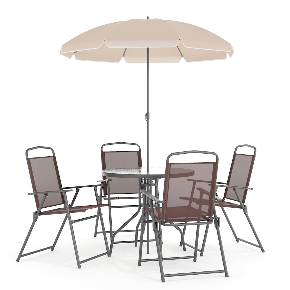 6 Piece Brown Patio Garden Set with Umbrella Table and Set of 4 Folding Chairs. Picture 1