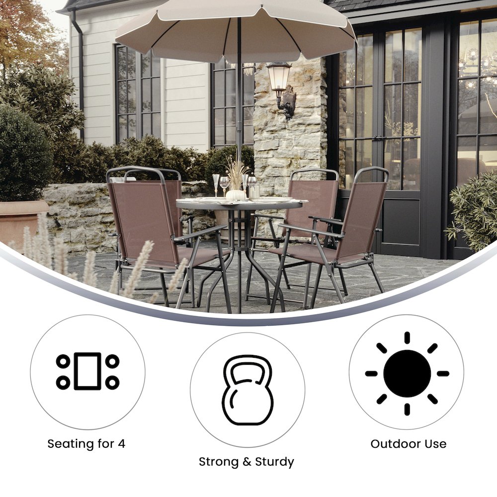 6 Piece Brown Patio Garden Set with Umbrella Table and Set of 4 Folding Chairs. Picture 5