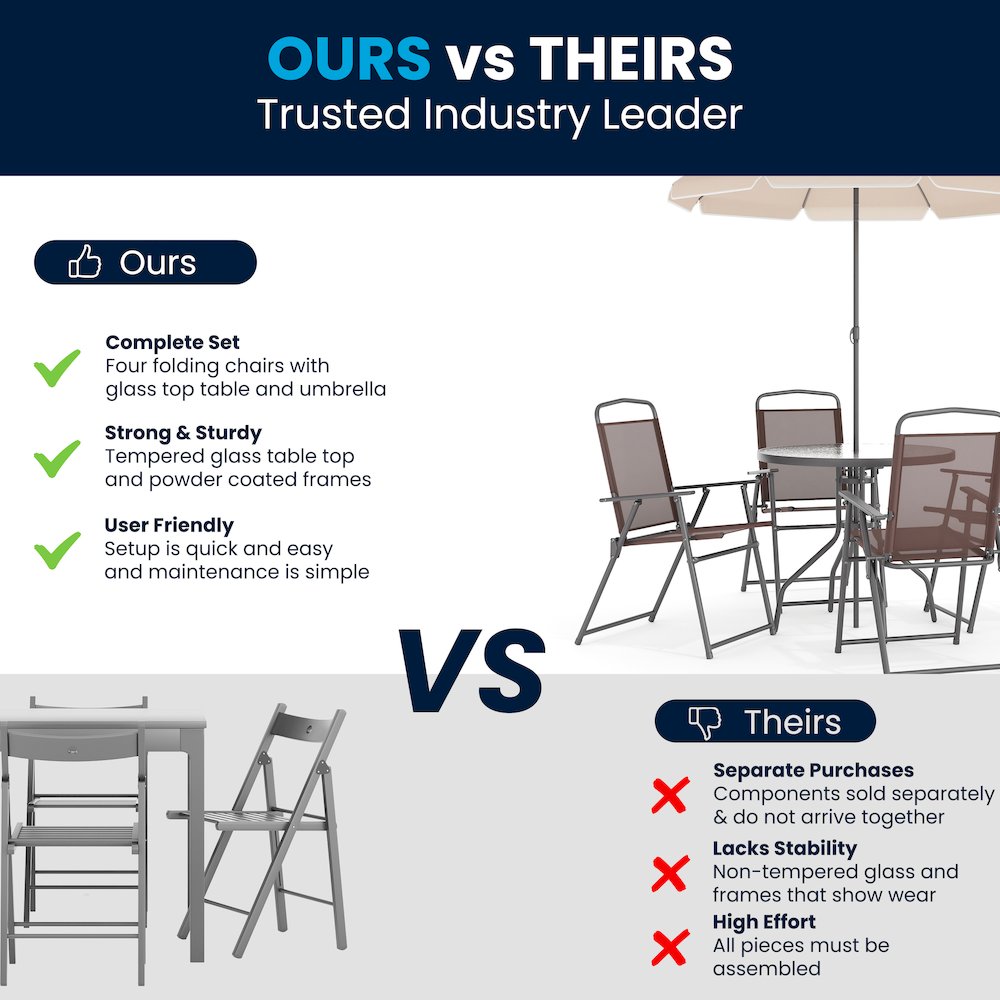 6 Piece Brown Patio Garden Set with Umbrella Table and Set of 4 Folding Chairs. Picture 6