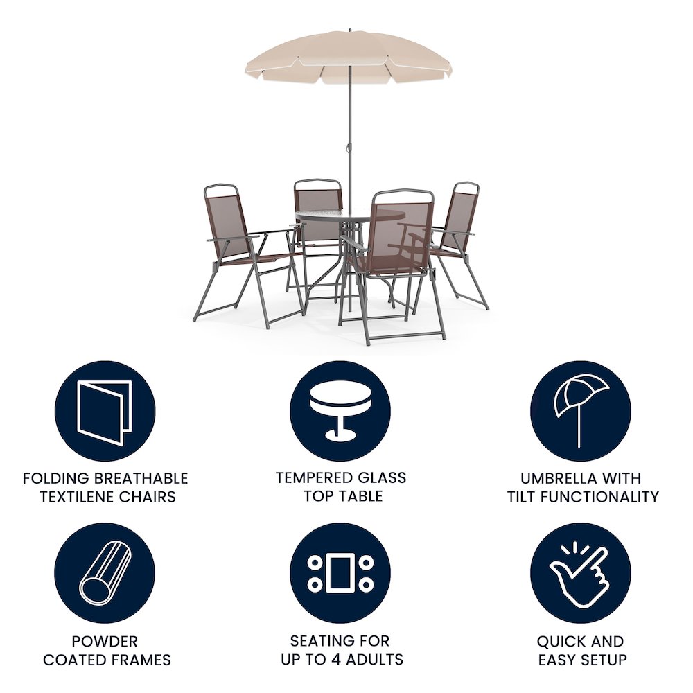 6 Piece Brown Patio Garden Set with Umbrella Table and Set of 4 Folding Chairs. Picture 4