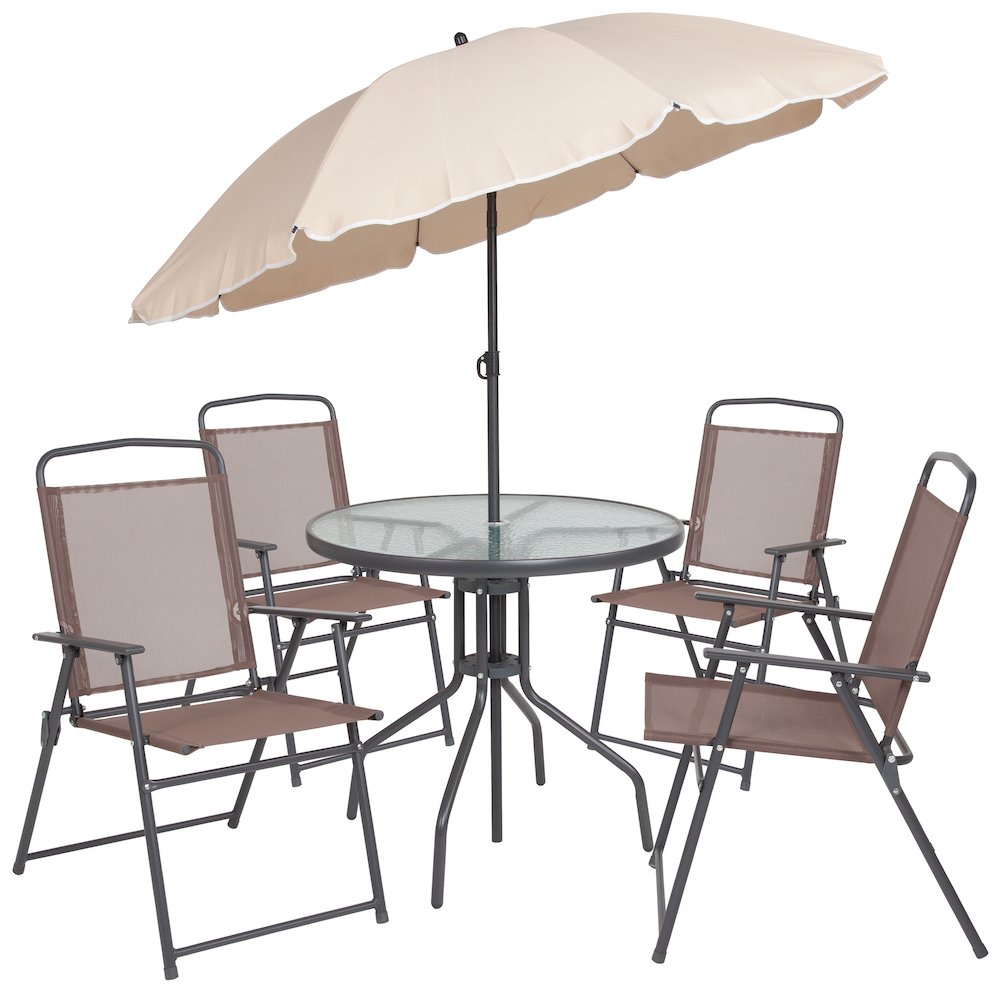 6 Piece Brown Patio Garden Set with Umbrella Table and Set of 4 Folding Chairs. Picture 13