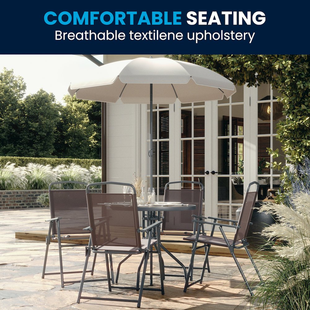 6 Piece Brown Patio Garden Set with Umbrella Table and Set of 4 Folding Chairs. Picture 2