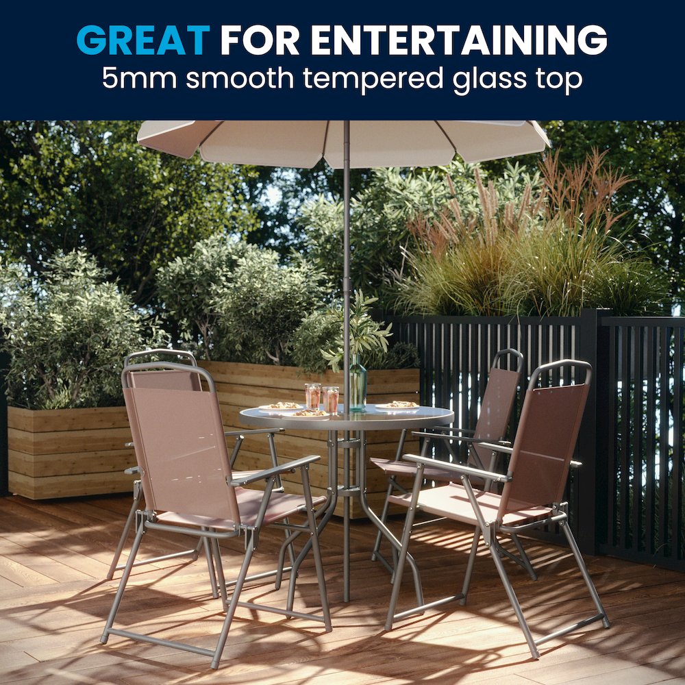 6 Piece Brown Patio Garden Set with Umbrella Table and Set of 4 Folding Chairs. Picture 10