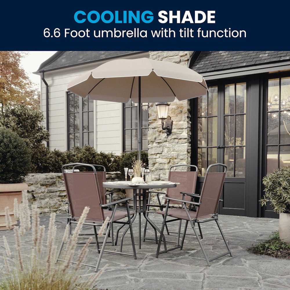 6 Piece Brown Patio Garden Set with Umbrella Table and Set of 4 Folding Chairs. Picture 11