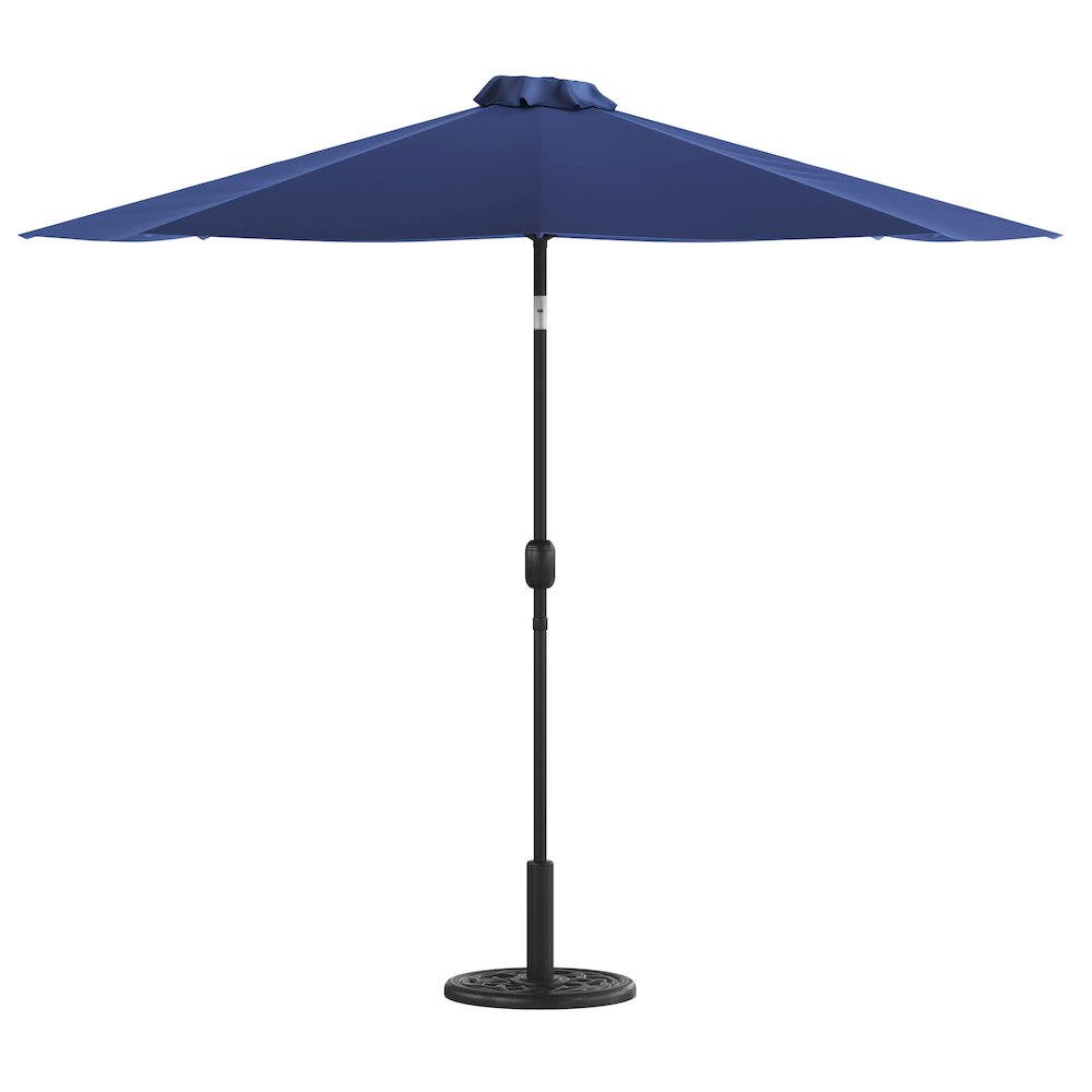 Navy 9 FT Round Umbrella with Crank and Tilt Function and Standing Umbrella Base. Picture 1